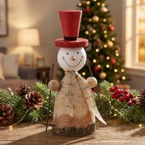 Article Figurine décorative en bois bonhomme de neige avec chapeau rouge H20,5 cm
