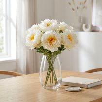 Article Roses de Pivoines Artificielles Blanches et Jaunes en Tissu, Bouquet de 7 Tiges, 28 cm