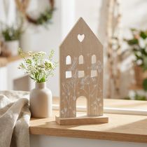 Article Maison décorative en bois naturel 28,5 cm avec motif floral