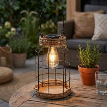 Article Lanterne solaire en métal noir et fibres naturelles Ø18 cm H29 cm