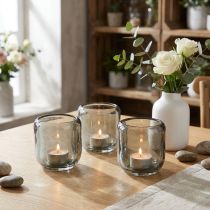 Article Photophores en verre gris avec décor rainuré, 8 cm, lot de 6