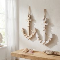 Article Ancre maritime en bois à suspendre blanc et naturel 13,5×20 cm – Lot de 2