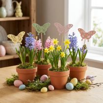 Article Lot de 16 papillons décoratifs en bois sur tige, 8 cm, couleurs pastel