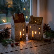 Article Lot de 2 maisons photophores en céramique avec cheminée – Décoration automne et hiver 13 cm