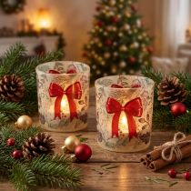 Article Photophore en verre avec motifs de branches de Noël et ruban rouge 8 cm, lot de 2