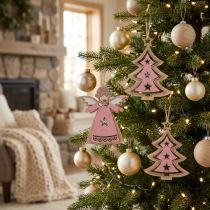 Article Décorations de Noël en bois naturel et rose, motifs ange et sapin, 11 cm, lot de 8