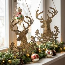Article Décoration murale à suspendre, tête de cerf en métal doré, lot de 2