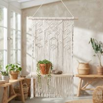 Article Suspension en macramé avec étagère bois 40x15 cm naturelle blanche