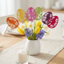 Article Décorations de Pâques en Forme d'Oeufs avec Fleurs Découpées sur Tiges en Bois - Lot de 18