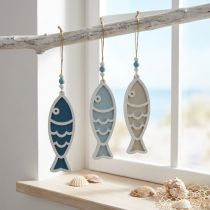 Article Décoration suspendue poissons en bois maritimes bleus 12 cm - Lot de 9