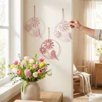 Article Duo de Décorations Murales Rondes en Métal avec Fleurs et Oiseaux – Rose et Rose Poudré – Ø23 cm, Lot de 4