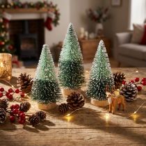 Article Lot de 6 mini sapins artificiels enneigés sur socle en bois – H10 cm, Ø5 cm