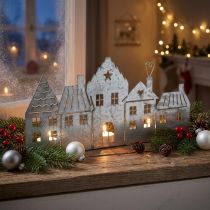 Article Photophore en métal argenté - Village de Noël 25 cm