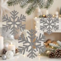 Article Flocons de neige argentés à suspendre en bois Ø8 cm à Ø12 cm - Lot de 9