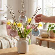 Article Suspensions décoratives lapins en bois et peluche – 26 cm – Lot de 6