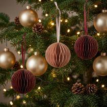 Article Boules décoratives alvéolées en papier Bordeaux et Rose avec bordure pailletée Ø7cm – Lot de 4