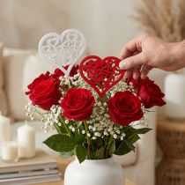 Article Lot de 12 piques cœur en bois rouge et blanc pour décoration florale