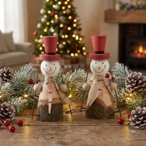 Article Set de 2 bonhommes de neige en bois avec chapeaux rouges – Décoration d’hiver – 15,5 cm