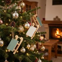 Article Décoration 6 petits traîneaux en bois à suspendre, menthe et blanc, 9,5 cm