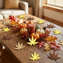 Article Décorations en bois feuilles d'automne jaunes, marron et platine 4 cm lot de 72