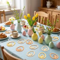 Article Décoration de Pâques en Bois - Lapin dans un Oeuf, 72 Pièces, 4 cm, Orange, Jaune et Naturel