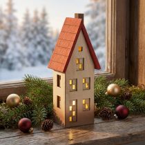 Article Maison lumineuse en bois naturel avec toit rouge 8,5×6,5×22 cm