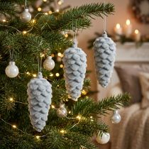 Article Pommes de pin artificielles gris floqué 11,5 cm - Lot de 6