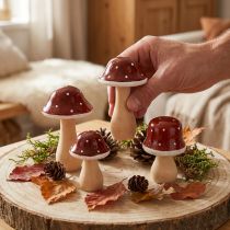Article Champignons décoratifs en bois FSC rouge et naturel, lot de 4, H 6,5/7 cm