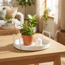 Article Plateau rond blanc en métal avec poignées, 18 cm