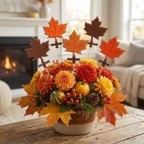 Article Pique décoratif Feuilles d'érable en bois et feutrine - Lot de 12 - 35 cm