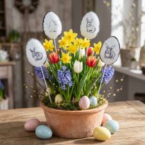 Article Lot de 8 décorations en métal sur tige – Œufs de Pâques avec motifs de lapins