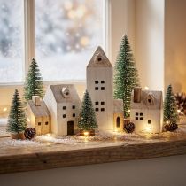 Article Mini Village de Noël Décoration en Bois Blanc Naturel H13/7cm 6 pcs