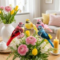 Article Décoration oiseaux colorés en plumes avec fil, 12 pièces assorties