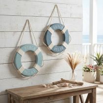 Article Lot de 2 Décorations Murales Bouées Maritimes en Bois Bleu Ø13cm