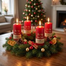 Article Bougies rouges en stéarine et cire de colza "Merry Christmas" pour décoration de Noël, lot de 4, 130x60 mm