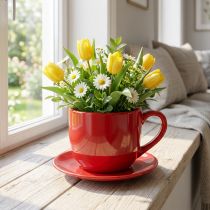Article Tasse décorative rouge avec soucoupe intégrée en céramique 17 cm