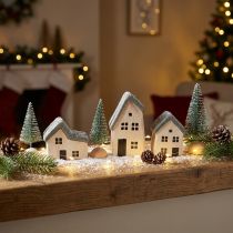 Article Village de Noël en bois, maisons et sapins, vert et blanc, 5 à 8 cm, set de 6