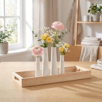 Article Plateau décoratif en bois avec mini vases en céramique blanche et détails dorés 35x14 cm