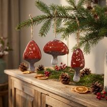 Article Lot de 6 pendentifs champignons rouges en corde de jute 3 cm – Décoration automnale et festive