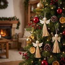 Article Lot de 12 anges en bois et raphia naturel 11 cm - Décoration de Noël