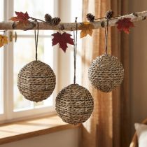 Article Boules décoratives suspendues en paille gris Ø15cm 3 pièces