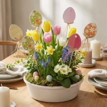 Article Lot de 12 décorations de Pâques en bois - Pièces sur tiges avec motifs colorés