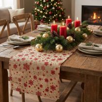Article Chemin de table de Noël en jute avec flocons rouges scintillants 48×450 cm