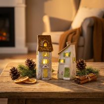 Article Maisons en céramique rustiques avec LED – Lot de 2, 15 cm