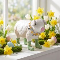 Article Décoration cochon avec bottes en résine – Figurine humoristique avec fleurs 15,5 cm