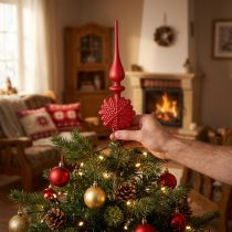 Article Flèche de sapin en verre rouge avec paillettes – H 34 cm