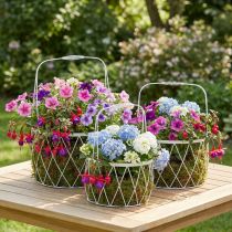 Article Set de 3 paniers en métal blanc avec anses - Forme ronde et design ajouré