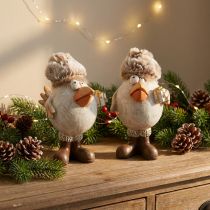 Article Figurines de Noël oiseaux avec bonnet en peluche beige 11,5x8x14cm - Lot de 2 pièces