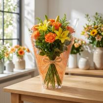 Article Sachet transparent motif jute orange pour bouquets - L40cm x l12-30cm - Lot de 50
