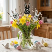 Article Lot de 12 Piques Décoratives Lapin avec Lunettes en Bois et Glitter 28 cm
